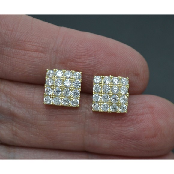 Real 10K Yellow Gold 9.8mm Micro-Pave Square CZ Stud Earrings 2.6gr Men-Women - Picture 3 of 6